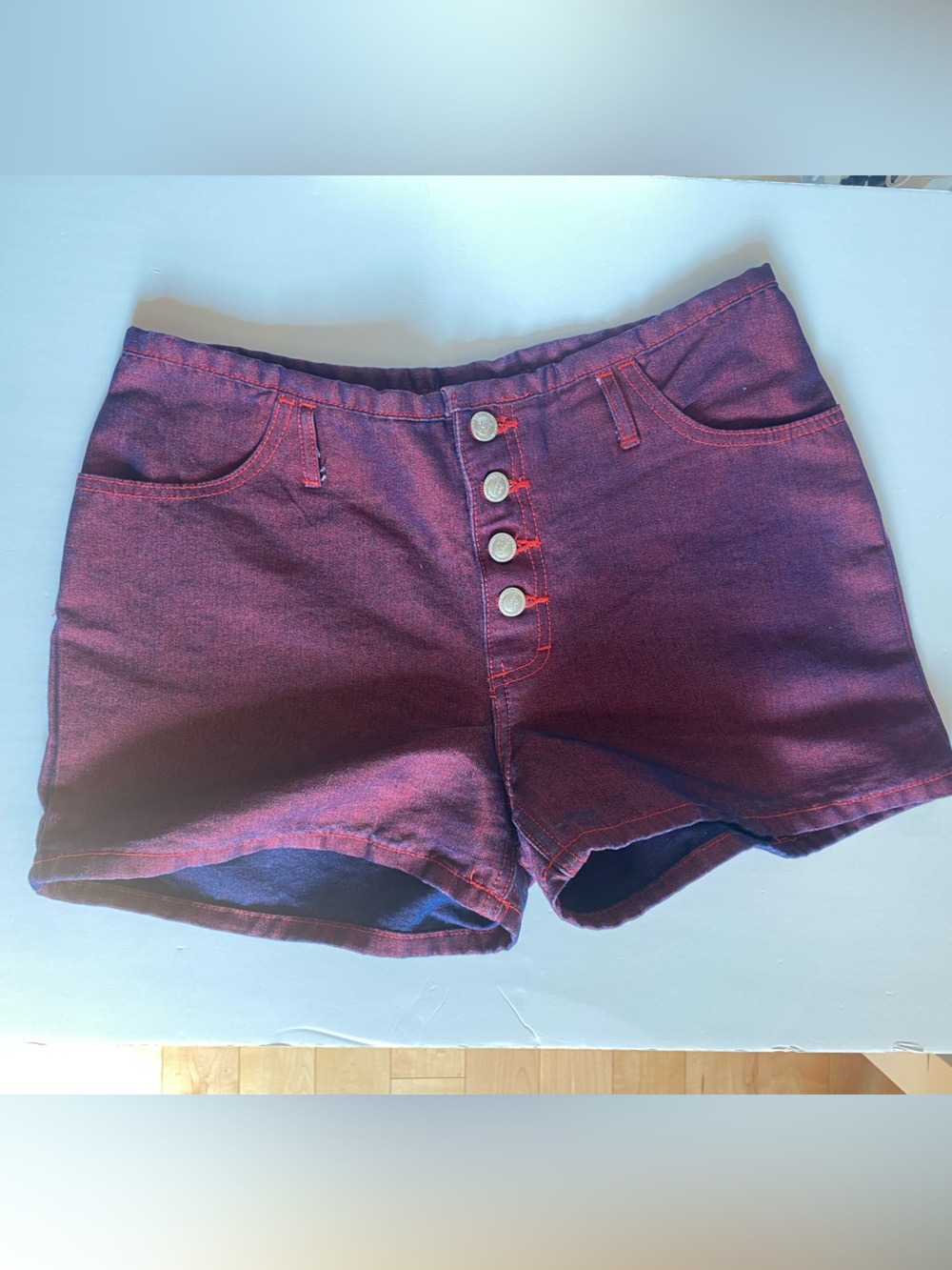 Burgundy Blue Button-Front Denim Shorts